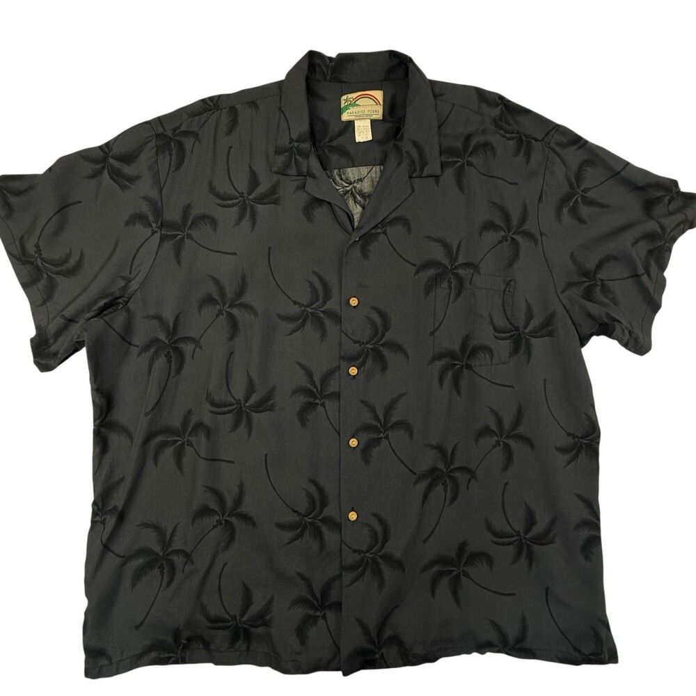 Vintage Paradise Found Hawaiian Shirt 4X Palm Trees Gray Black Vacation Camp